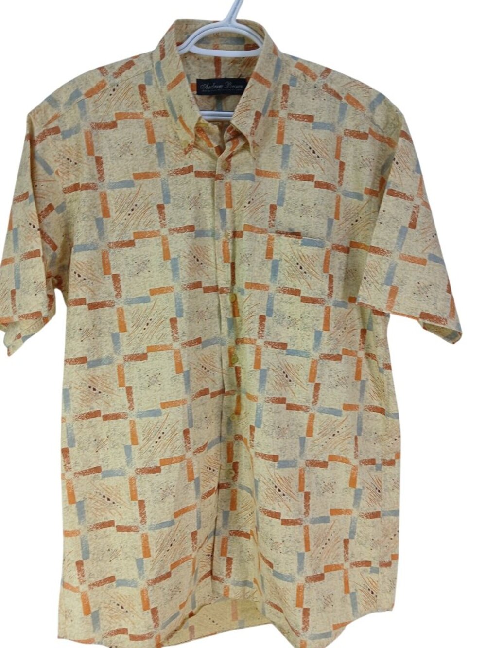 Vintage Andrew Brown Mens Short Sleeve Button Shirt Abstract Print Size L Logo - Picture 15 of 15